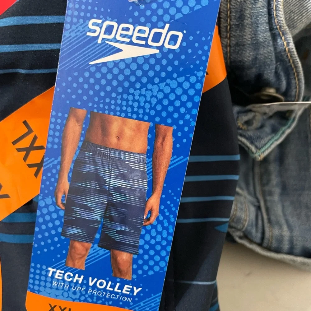 Speedo TechVolley Navy Blue Streaked Swim Trunks  Way Stretch UPF 50+ NEW XXL